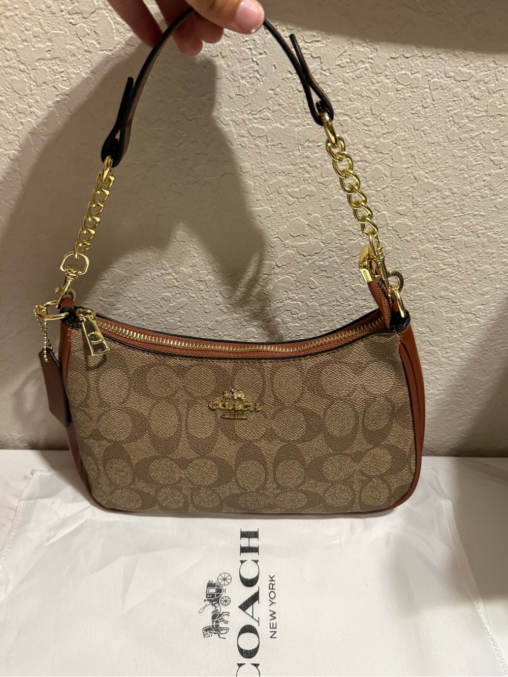 Coach Beige Brown Signature Canvas Shoulder Bag with Gold Hardware